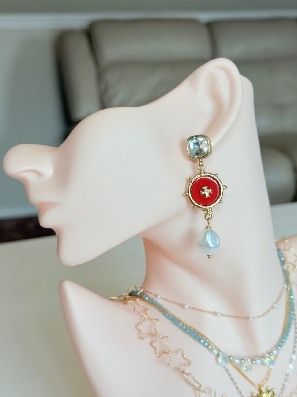 Gold-Tone Red Enamel Drop Earrings with Pearl Accent